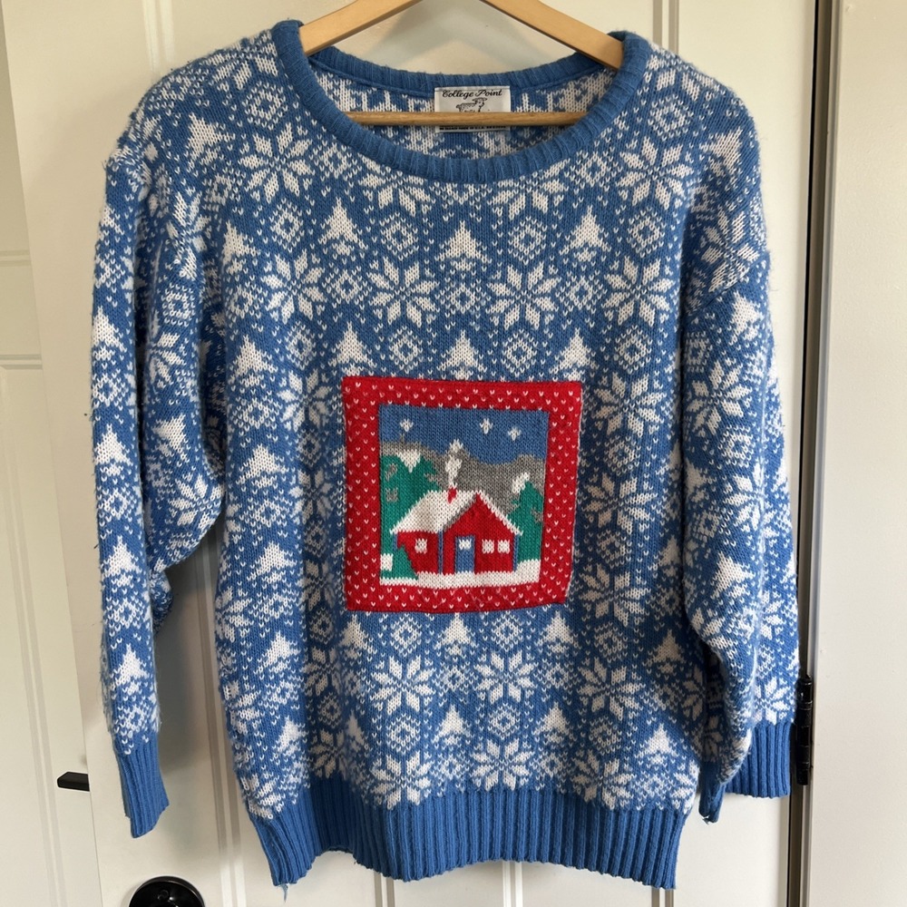 Vintage College Point Sweater Womens Medium Blue Snowflake Cabin